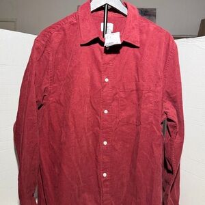 H&M Men's Deep Red Casual Button-Down Corduroy Shirt